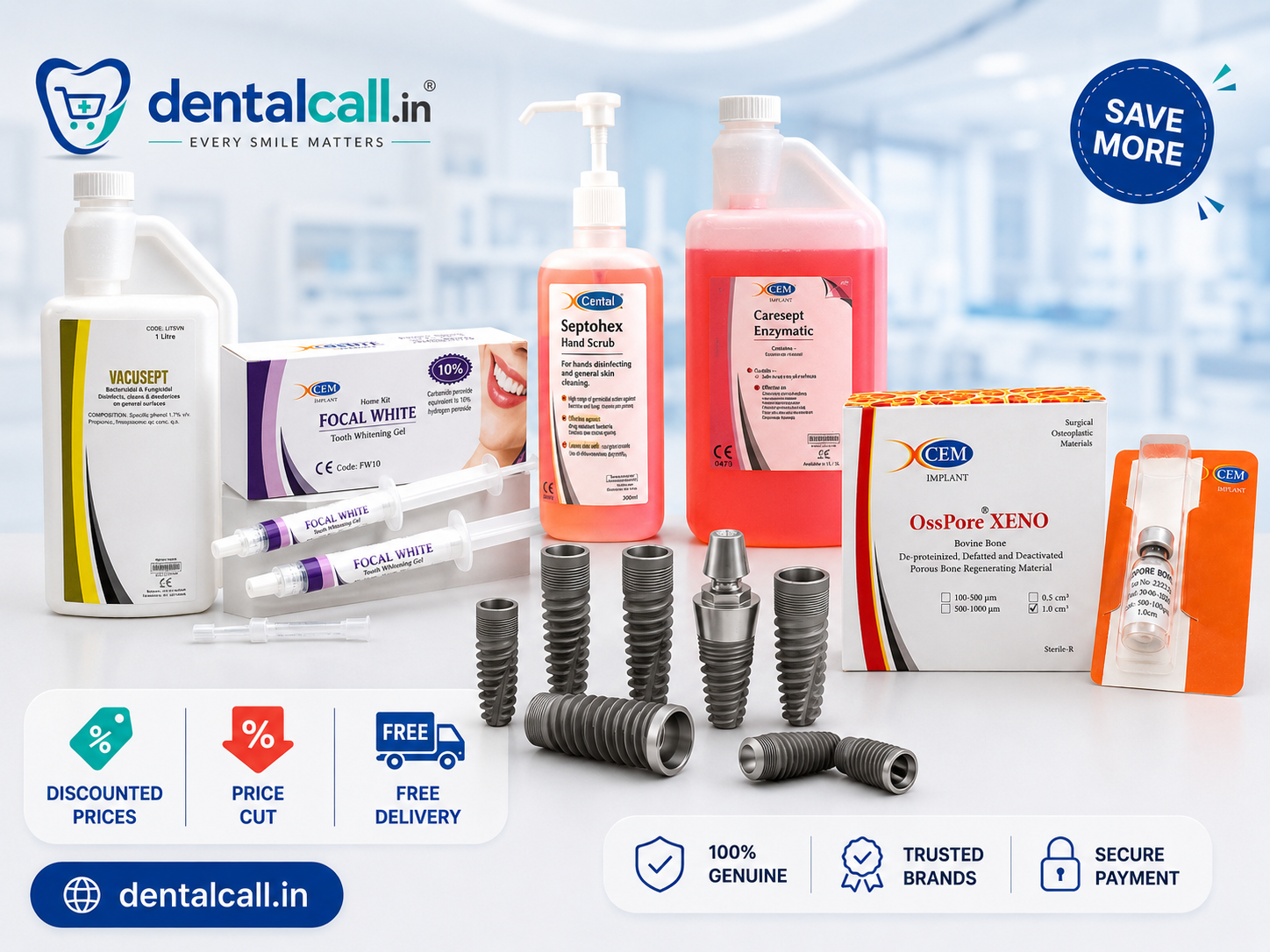 "DentalCall.in dental products sale with CEM implants, bone graft, whitening gel, disinfectants, free delivery and discounted prices."