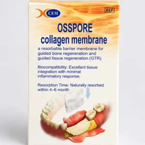 OSSPORE Resorbable Collagen Membrane for GBR & GTR – Product Packaging Back View with Sizes, Storage Instructions & Sterile Medical Device Information
