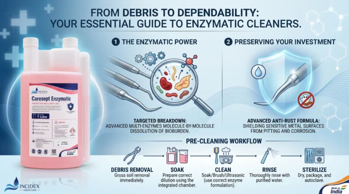 Infographic guide by Incidex Healthcare showing Caresept Enzymatic 1 Litre disinfectant bottle alongside dental instrument pre-cleaning workflow steps and anti-rust protection features."